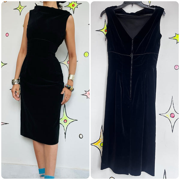 50s Black Velvet Dress | Pin Up Classic Vintage Goth Party Wiggle Glam Vixen XS