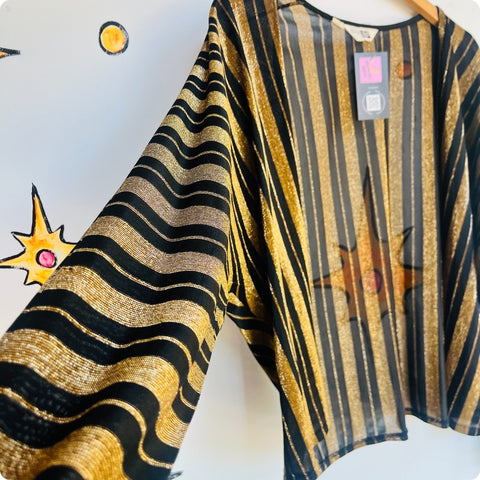 Vintage 70s | Gold & Black Sparkle Disco Party Blouse Jacket Duster Top Free SIze