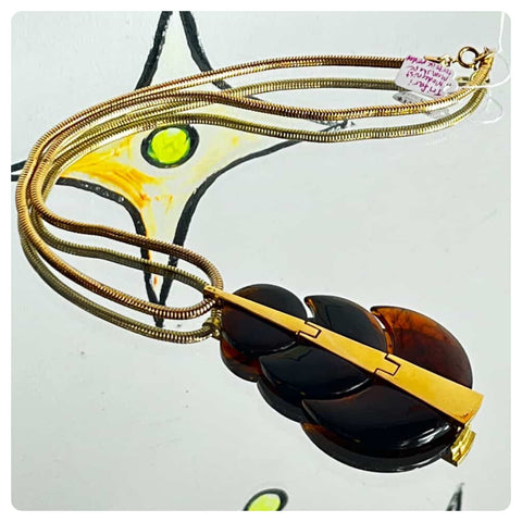 Vintage Trifari Modernist Moon Shaped Pendant Tortoise Lucite Statement Necklace