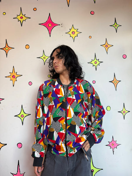 80s 90s Scarf Print Bomber Jacket Maximalist Rainbow Avant Garde Jacket XL