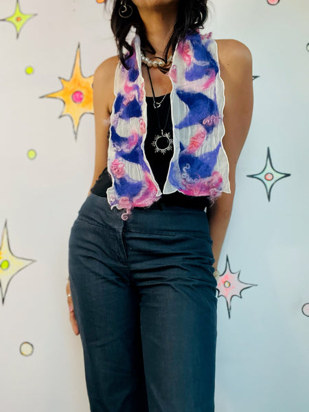 90s Nuno-Felted Abstract Art Scarf – White, Purple & Pink Fuzzy Fairy Grunge