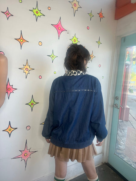80s Denim Jacket with Leopard Trim | Boho Grunge Studded Jean Jacket – L