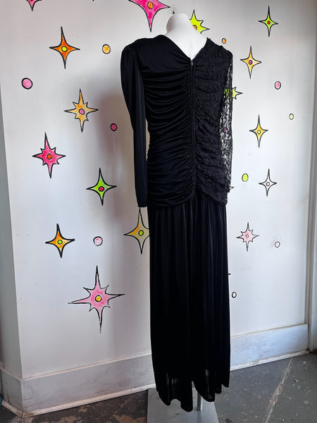 Vintage 80s Black Ruched Lace Jumpsuit | Goth Glam Formal Party Gown – L