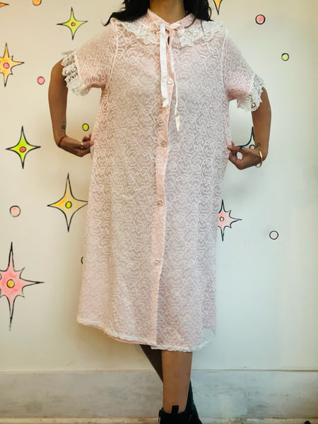 Vintage White Lace Pink Robe Victorian Romantic Babydoll Pegnoir Bed Jacket S/M