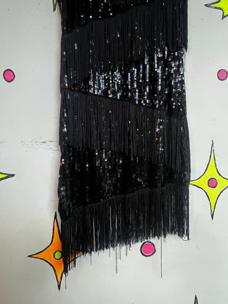 Black Sequin Fringe Flapper Dress 1920s Gatsby Party Dress Speakeasy Mini ML