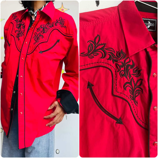 Vintage | Red Mens Western Embroidered Pearl Snap Shirt | Size XL