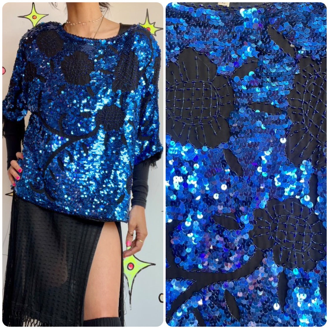 Vintage 70s 80s | Metallic Blue Sequin Disco Glam Dolman Sleeve Blouse Top | L