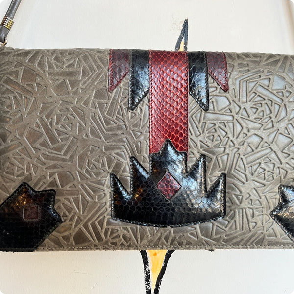 Vintage 80s Gray Red Black Snakeskin Leather Art Wear Bag Designer Handbag Purse