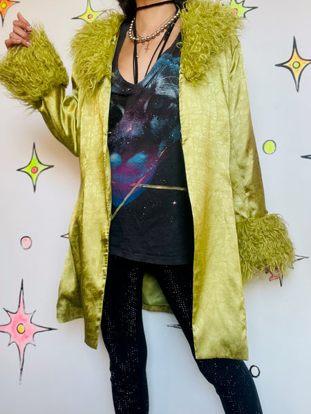 Vintage 90s Y2K Silky Lime Green Robe Boho Grunge Glam Coat w Faux Fur Trim - M