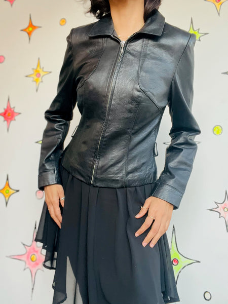 Vintage 90s Y2K Black Leather Grunge Racing Jacket - Wilson's Leather - Small