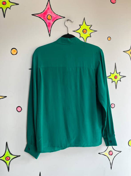 Vintage 80s 90s Emerald Green 100% Silk Blouse | Classic Luxe Shirt | M (8)