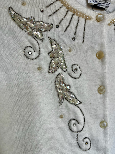 Vintage 1950s Creamy White Beaded Cardigan Sweater - Soft Fuzzy – Beaded - M