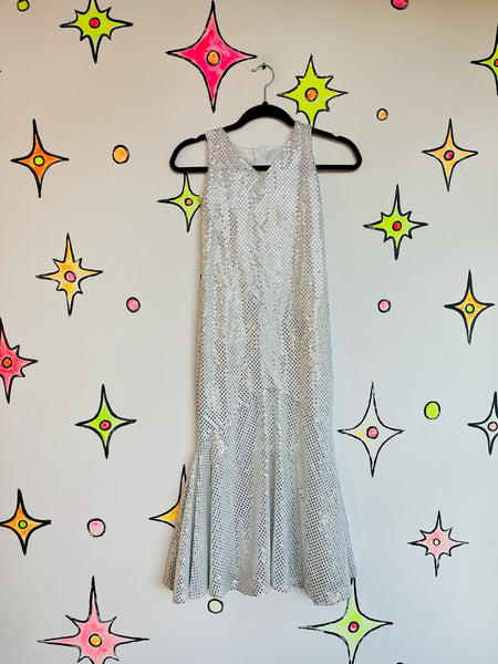 Vintage Metallic Silver Flapper Disco Party Dress – 1920s-Inspired Glam – XS/S