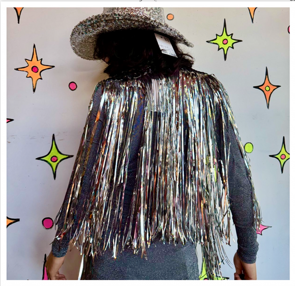 Silver Fringe Cape Disco Cowboy Studio 54 - 70s Showgirl Metallic Cosmic Circus