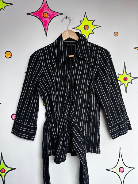 Vintage Y2K Black Pinstripe Wrap Top - Dark Academia Preppy Goth Office Siren M