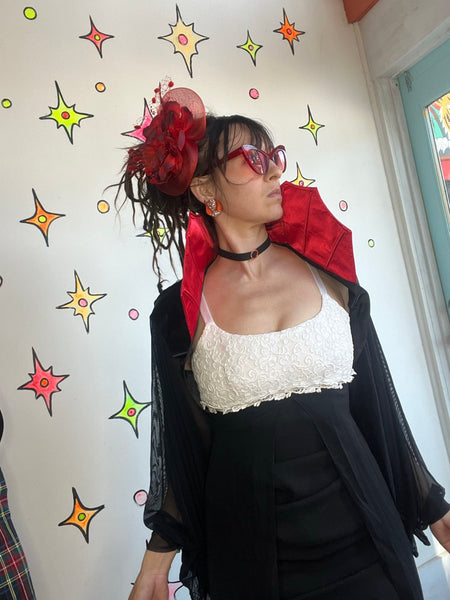 Vampire Cape with Stand Up Red Collar – Black Sheer Bat Sleeves Goth Cosplay XL