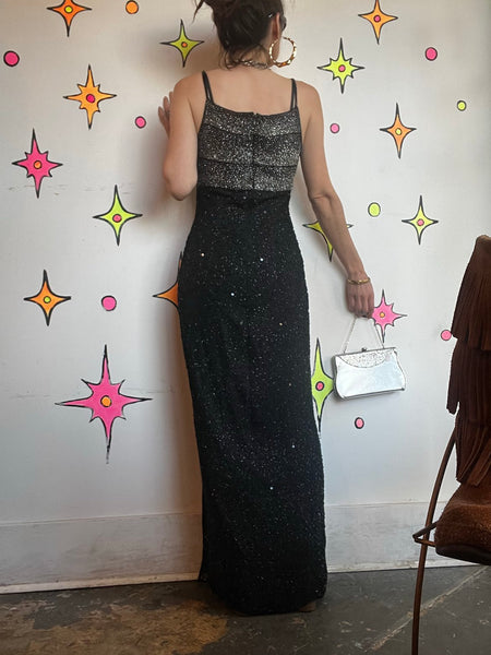 Vintage Black Silk Beaded Gown Glam Old Hollywood Formal Evening Dress M