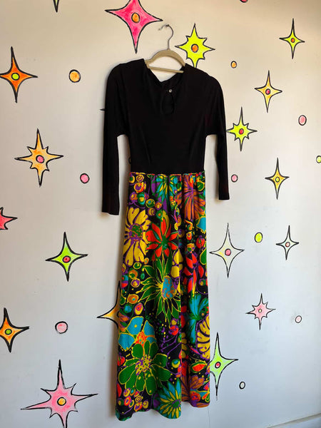 70s Psychedelic Floral Maxi Dress - Rainbow - Boho Fairy Grunge Witch - Small