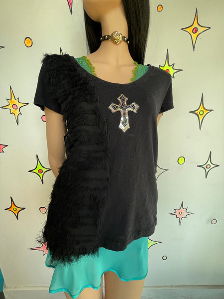 Tommy Hilfiger Y2K Embellish Cross Top Indie Sleaze Whimsy Goth Graphic Tee ML