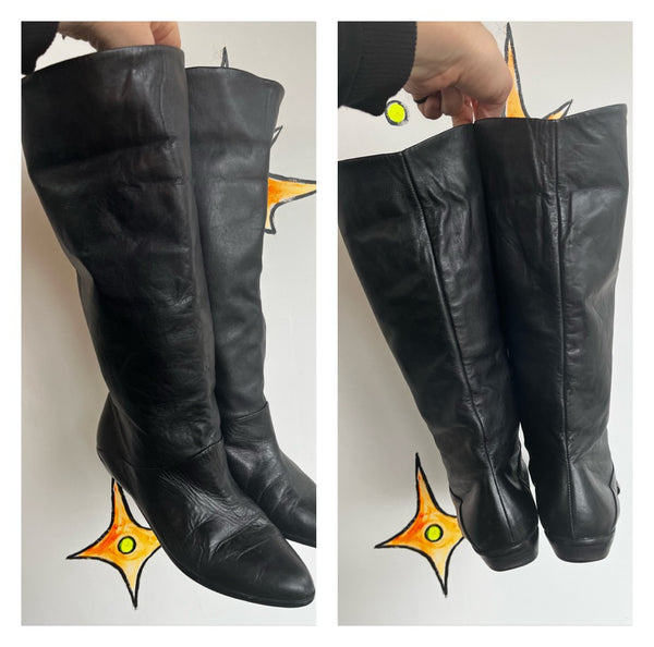 80s Black Slouch Boots Leather Riding Boots Dark Academia Romantic Goth 8