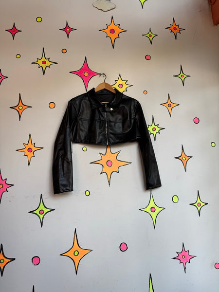Y2K Black Cropped Moto Jacket | Vegan Leather Goth Grunge Cropped Jacket M