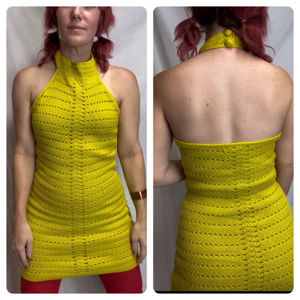 Retro 90s does 60s 70s | Lime MOD GoGo Crochet Knit Mini dress | Small