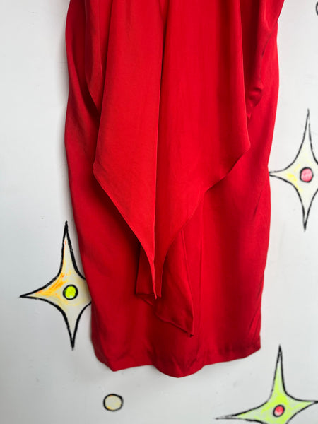 Vintage 80s Red Silk Sculptural Art Power Boss Dress | Shoulder Pad Cocktail | 8
