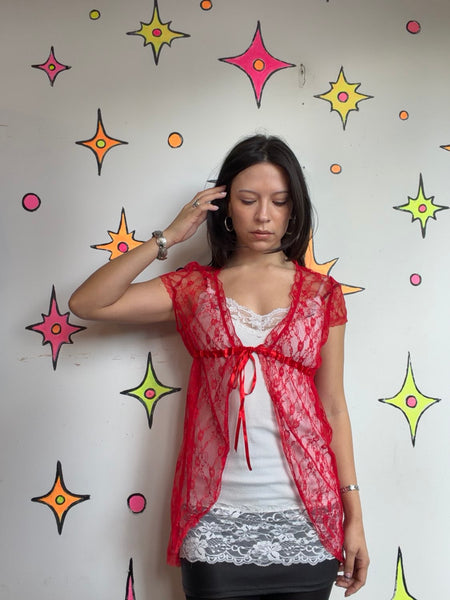 Vintage White Crochet Long Vest ' Boho Western Duster Fairy Grunge Lace Layer SM