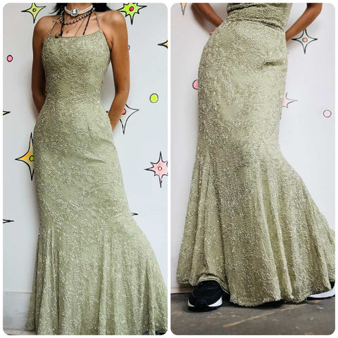 Vintage 80s 90s Sage Green Fully Beaded Silk Formal Gown by Cache – Size XS/S