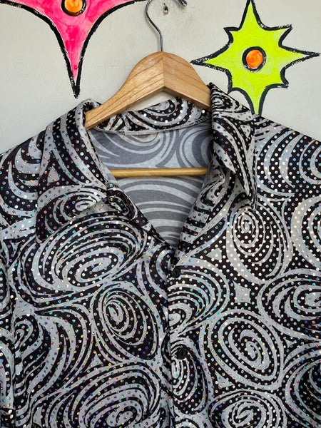 Vintage 90s Metallic Silver Irridescent Party Shirt - Rave Disco Clubwear M/L