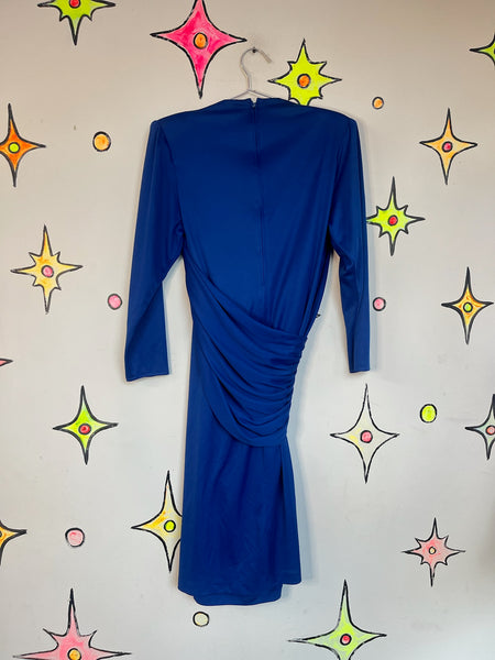 Vintage 80s Blue Glitter Sequin Party Dress ' Old Money Glam ' Shoulder Pads XL