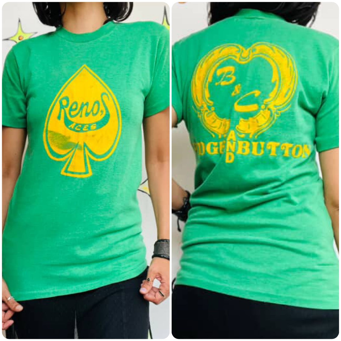 Vintage 70s 80s Reno's ACES Green Team Tee - Single Stitch - Small - Retro