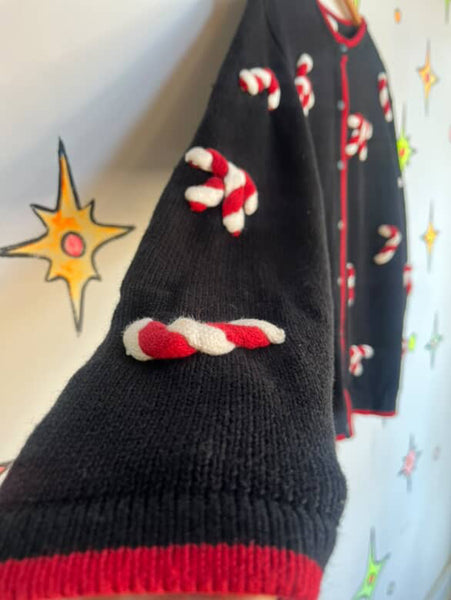 Vintage Black Christmas Sweater | Candy Cane Ugly Tacky Xmas Party Cardigan – L