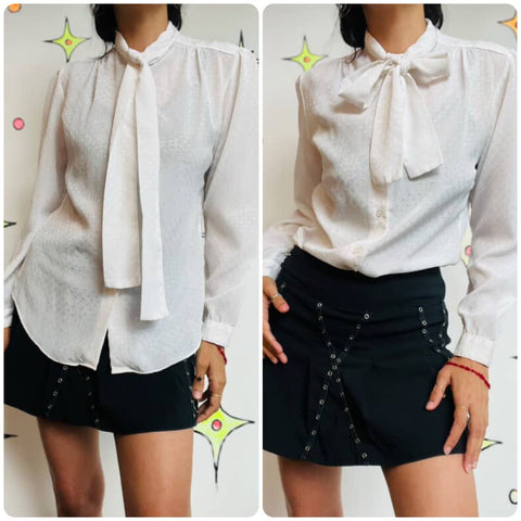 Vintage 70s 80s White Babydoll Coquette Secretary Blouse - Bow Tie Neck - M