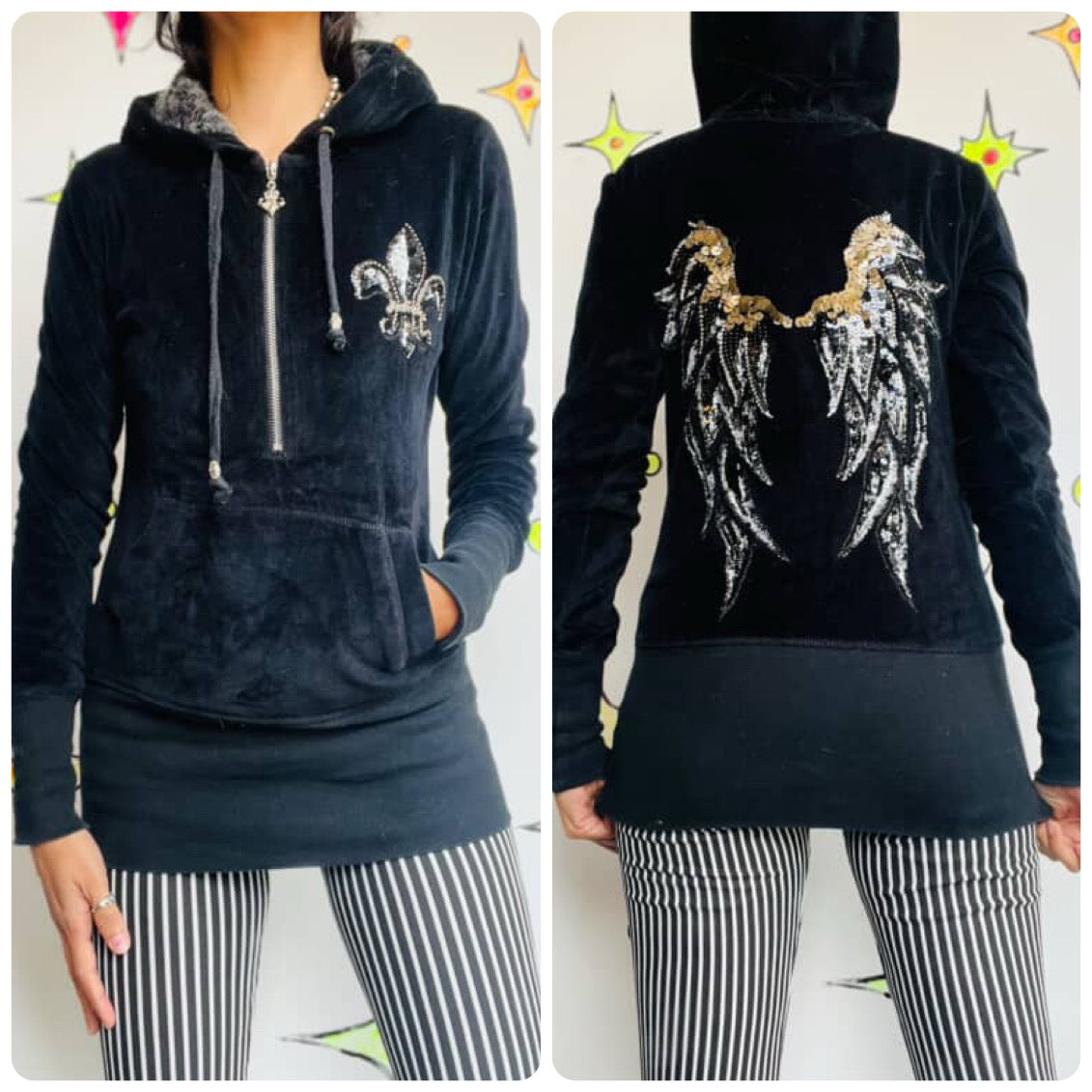 Y2K | Miss Me Fairy Grunge Black Velour Tattoo Print Angel Wing Hoodie | S