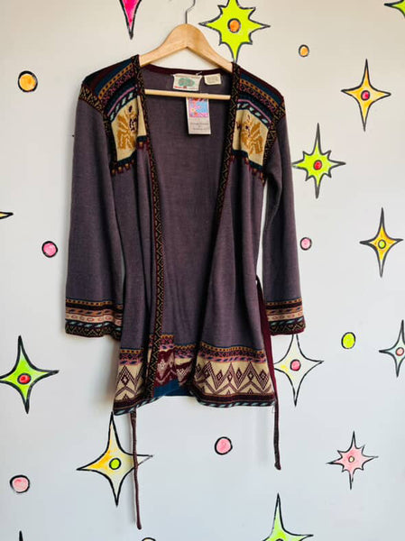 Vintage 1970s Belted Bell Sleeve Cardigan Sweater | Groovy Boho Grunge | S M