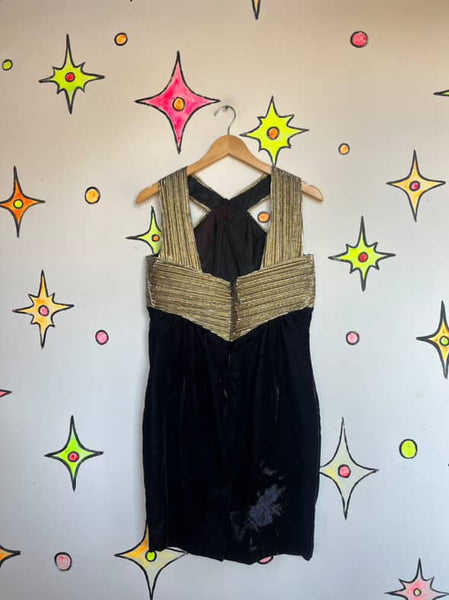 Vintage 80s 90s Black & Gold Velvet Party Mini Dress – Glam Goth – Sz 10 Petite