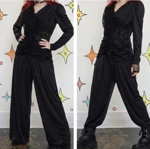 Vintage 80s Black Ruched Lace Jumpsuit | Goth Glam Formal Party Gown – L