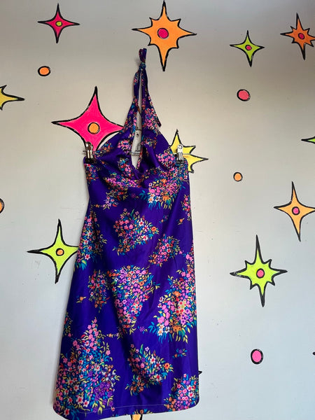 60s Purple Floral Halter Mini Dress Rainbow Mod Psychedelic Go-Go Party Dress S