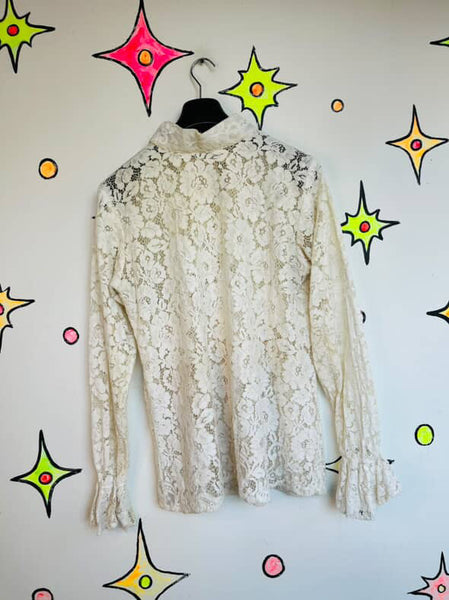 Vintage 70s White Sheer Lace Rococo Babydoll Grunge Boho Bow Neck Top Blouse | L