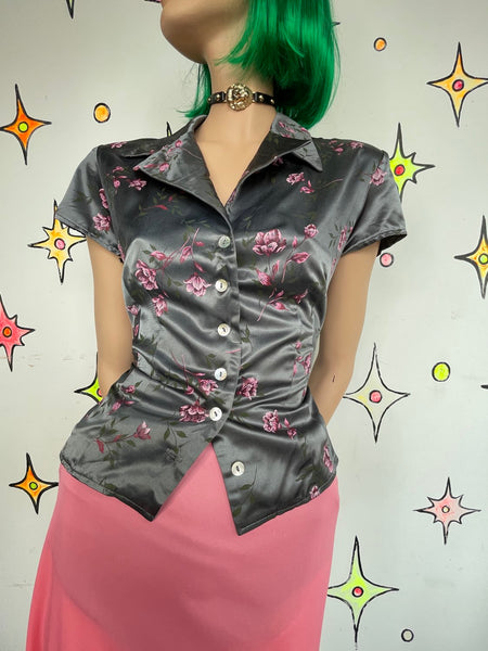 Vintage 90s Satin Floral Button Up Shirt Silver and Purple Fairy Grunge Blouse M