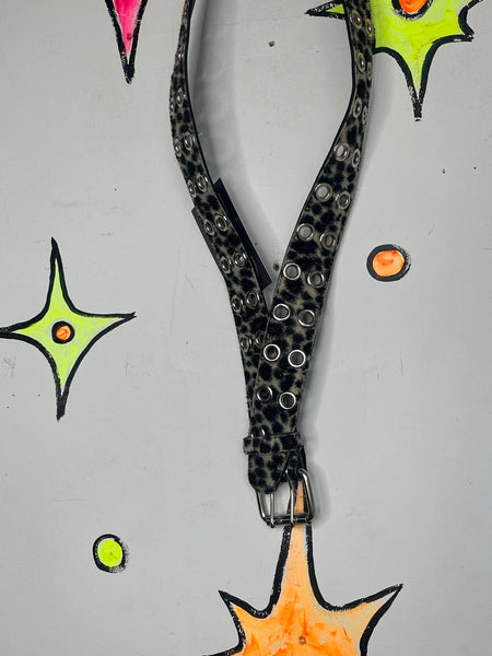 Y2K Faux Leopard Grommet Belt Double Prong Glam Grunge McBling M