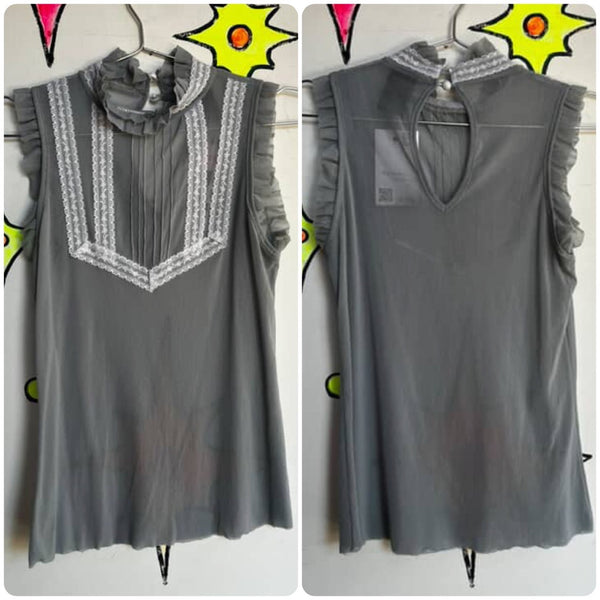 Vintage Y2K | Gray Sheer Lace Rococo Gothic Ruffle Babydoll Fairy Grunge Top | M