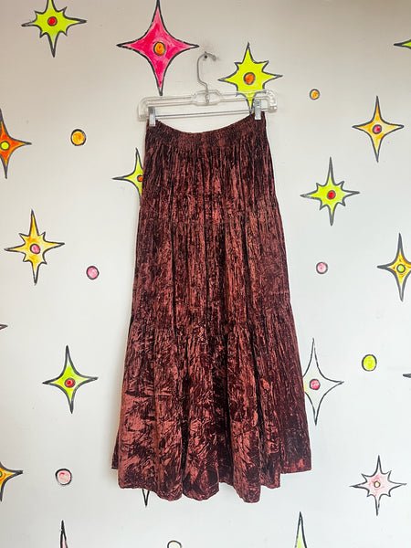 Vintage 90s Y2K Brown Crushed Velvet Boho Tier Maxi Skirt Fairy Grunge One Size