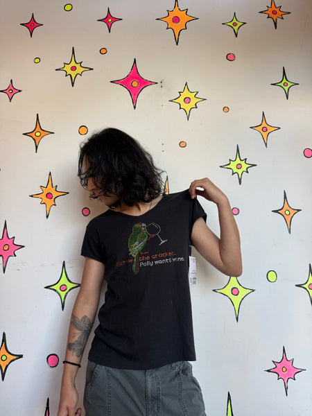 “Polly Wants Wine” Baby Tee Y2K Rhinestone Graphic Novelty Whimsy Goth T-Shirt S