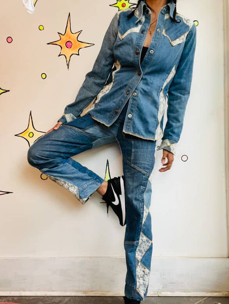 1970s Antonio Guiseppe Patchwork Denim Jacket & Pants Set – Rare Vintage - Small