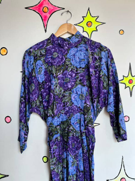 Vintage 1980s Purple Floral Batwing Secretary Dress - Boho Grunge Midi - Small
