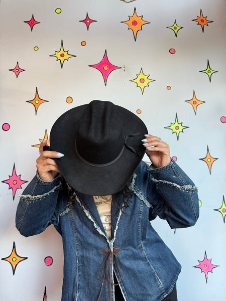Black Western Wool Cowboy Hat Suede Look Ranch Cowboycore Fedora M/L
