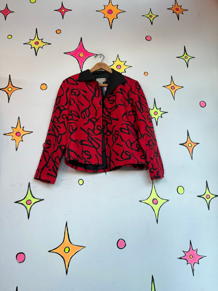 Vintage 80s 90s Silk Blazer Red Black Abstract Art Whimsy Goth Jacket Blazer M