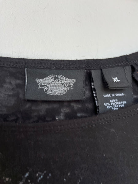 Vintage 90s Grunge Boho Harley Davidson Lace Trim Asymmetrical Sheer Top Tee XL